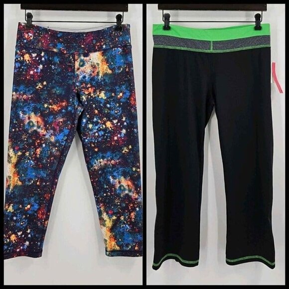 ENERGIE Set of Two Capri Leggings Sz L Neon Green/Black & Bursts of Colors - Picture 1 of 9